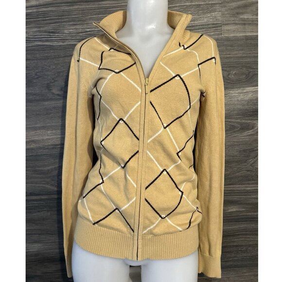 Tommy Hilfiger Tight Knit Beige Argyle Sweater Full Zip Women’s Small - Picture 1 of 8